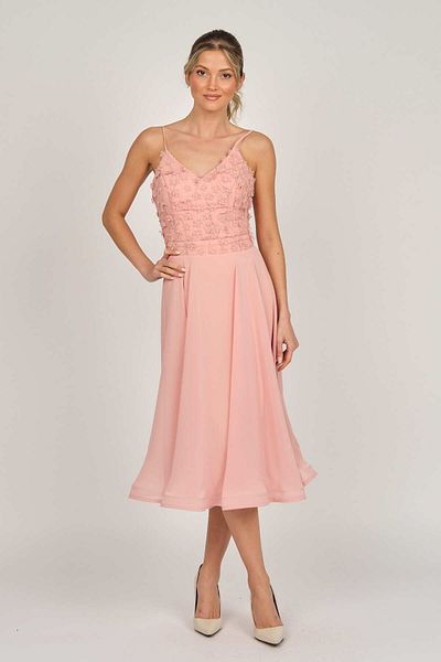 DORİDORCA Women's Midi Length Chiffon Evening Dress Powder