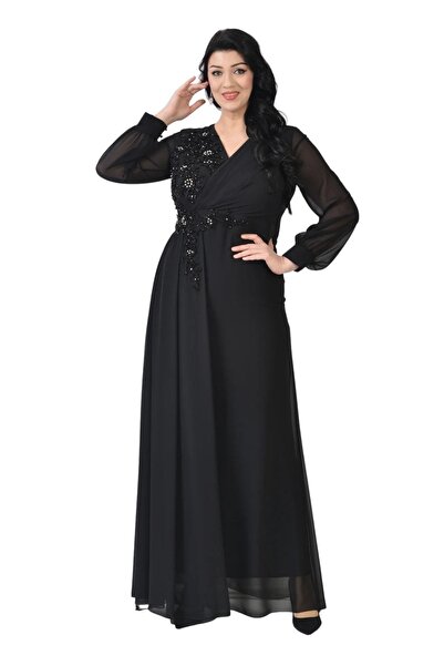 LİLAS XXL Lilas XXL Women's Plus Size Long Chiffon Evening Dress 9571 Black