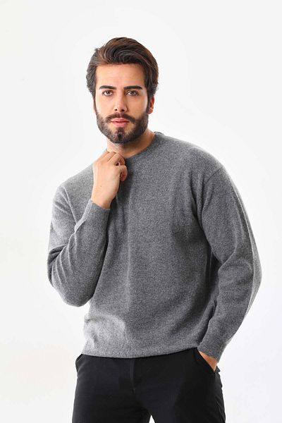 San&Fa Sanfa Men's Crew Neck Pure Wool Sweater 4114 Smoked