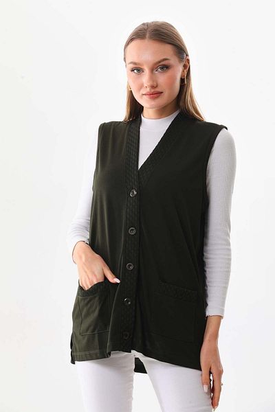 Günay Women's Pocket Detailed V-Neck Vest 2603 Khaki