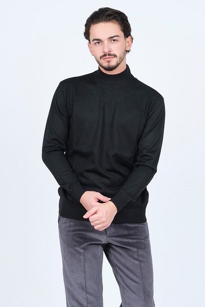 Woolen World Мъжки вълнен пуловер с десен и половин яка, плетен 5596983, черен