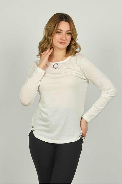 Sistas Women's Ornamental Buttoned Long Sleeve Blouse 23538 Ecru