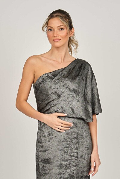 Maxra Govana Kadın Tek Omuz Kadife Abiye Elbise 47755135 Gümüş