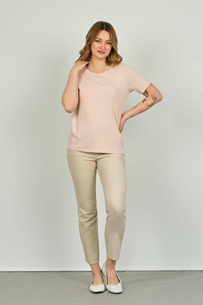 ELLA CAMELIA Γυναικεία ριγέ μπλούζα με κοντό μανίκι 1E027 σε σκόνη