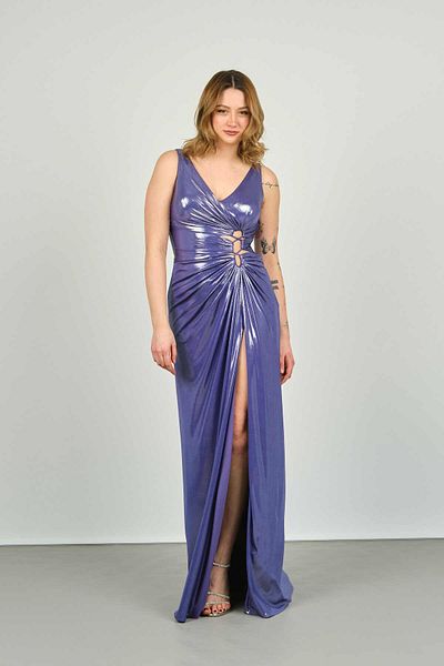 ŞEREF VURAL Women's Draped Window Detailed Shiny Long Evening Dress 8197 Lilac