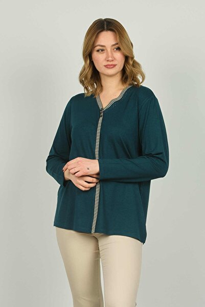 Detay Triko Жіноча блуза з V-подібним вирізом, каменем та довгими рукавами 45...