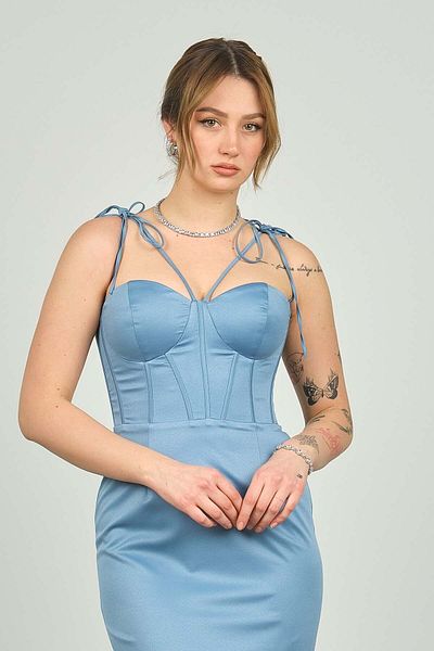 ESCOLL Women's Front Underwire Satin Evening Dress 2046 Indigo