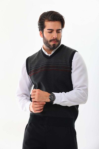 Pelikan Men's Patterned V-Neck Sweater 9602 Smoked