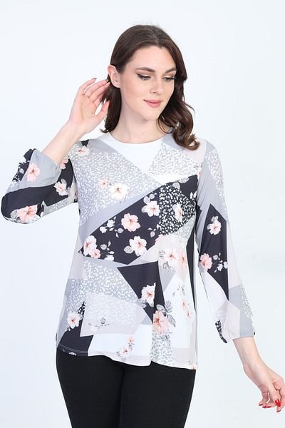 ELLA CAMELIA Γυναικεία μακρυμάνικη μπλούζα με floral σχέδιο 18e081 γκρι