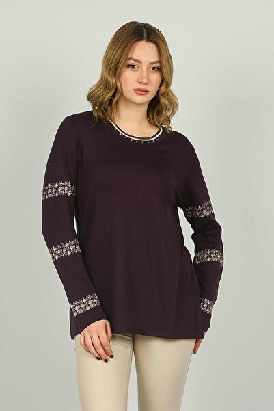 Detay Triko Жіноча блуза з довгими рукавами, коміром-стійкою та вишитим комір...