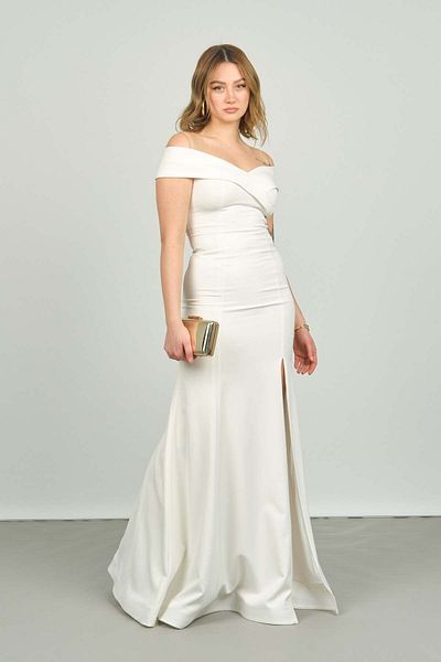 ESCOLL Women's Shawl Collar Slit Fish Form Evening Dress 1389 Ecru