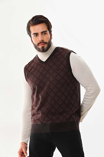 Pelikan Men's V-Neck Patterned Sweater 9614 Brown