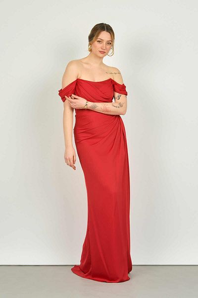 ŞEREF VURAL Women's Strapless Long Evening Dress5438001 Red