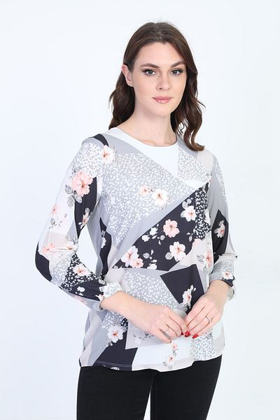 ELLA CAMELIA Γυναικεία μακρυμάνικη μπλούζα με floral σχέδιο 18e081 γκρι