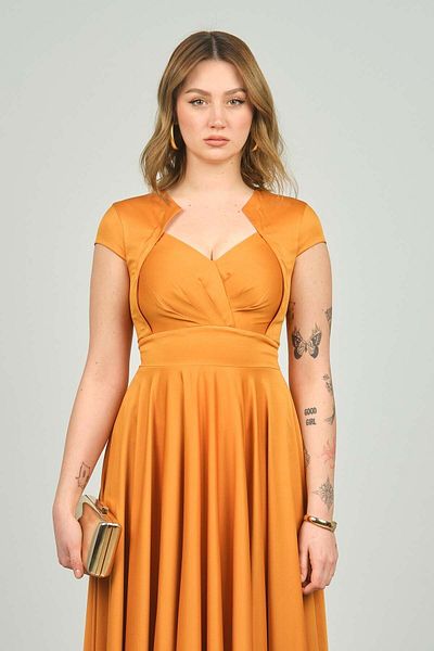 ESCOLL Women's Short Sleeve Front Pleated Satin Midiboy Pocket Evening Dress 1955 Orange
