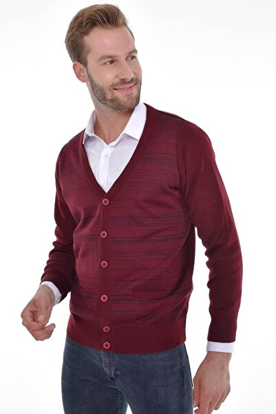 Çizgi Triko Men's Double Pocket Steel Knit Knitwear Cardigan 4225m Claret Red
