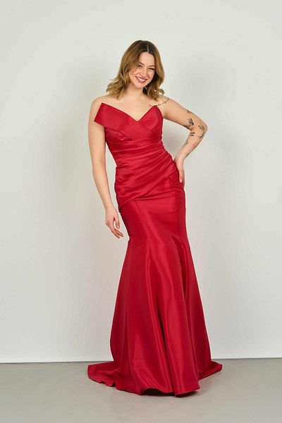 ŞEREF VURAL Women's Asymmetrical Collar Fish Form Evening Dress 8246 Red
