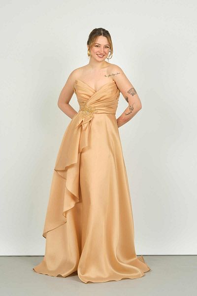 Maxra Govana Women's Strapless Waist Part Embroidered Ruffle Detailed Long Evening Dress 6581 Gold