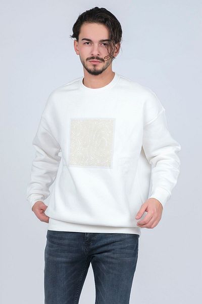 JSCO Men's Patterned Crew Neck Sweatshirt 6609900 Ecru