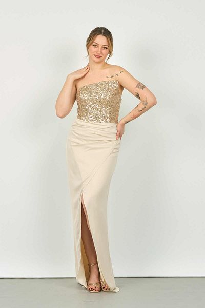 DORİDORCA Doridorca Women's Top Sequined and Strapless Bottom Wrap Skirt Long Evening Dress 5047 Beige
