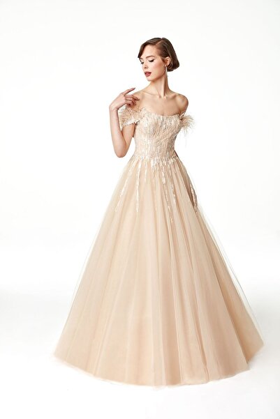 ÖMÜR INN فستان سهرة نسائي بكتف منخفض 6452423 شامبانيا