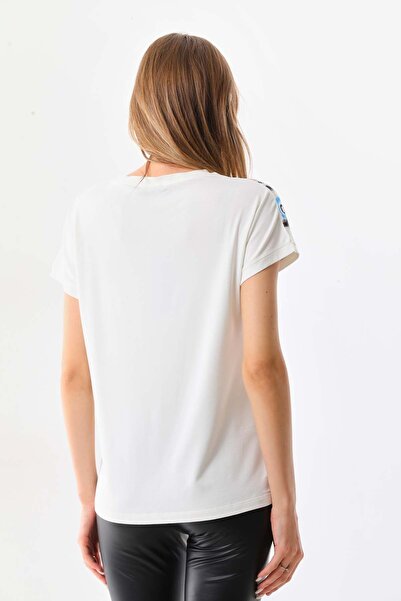 Sistas Women's Ethnic Patterned Short Sleeve Blouse 23170 Ecru