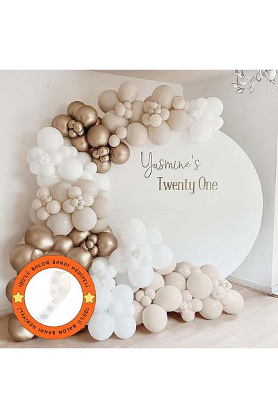 Konsept Sepeti 100 Pieces Chain Balloons Set - White, Chrome Gold, Sea Sand - Birthday Party Gift