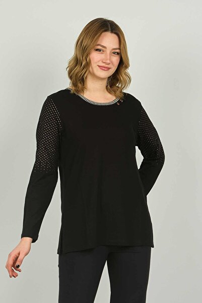 Detay Triko Γυναικεία μπλούζα με λαιμόκοψη με λεπτομέρεια μακρυμάνικη 4530 Μαύρη