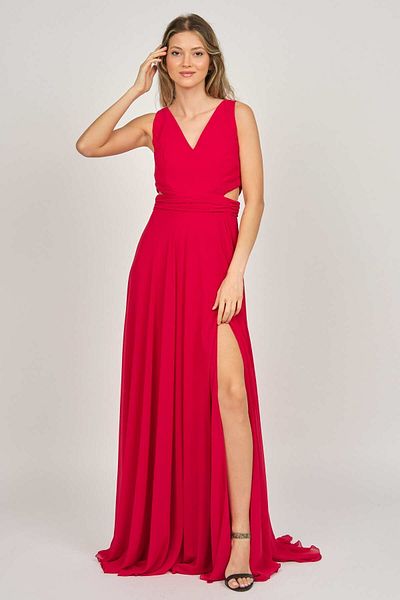 DORİDORCA Women's Wide Strap Chiffon Evening Dress 5922058 Red