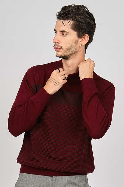 Desen Triko Pulover bărbătesc din lână pe jumătate pescar cu model 0249641 Roșu Claret
