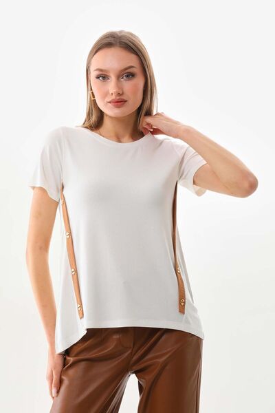 Sistas Women's Button and Stripe Detailed Short Sleeve Blouse 23119 Ecru-Camel