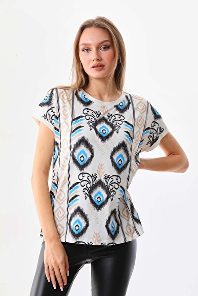 Sistas Women's Ethnic Patterned Short Sleeve Blouse 23170 Ecru