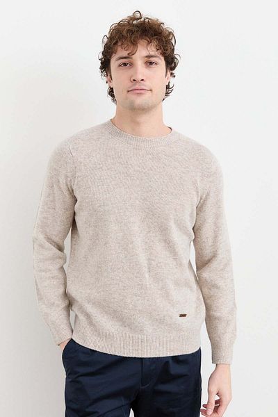 Desen Triko Men's Crew Neck Basic Wool Sweater 23525 V. Beige
