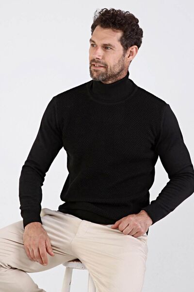 Çizgi Triko Men's Full Turtleneck Cotton Knitwear Sweater 4669e Black