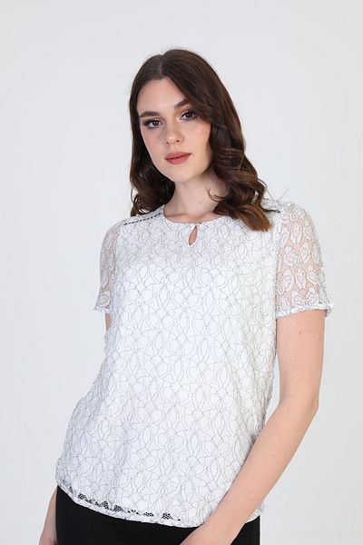 ELLA CAMELIA Women's Lace Patterned Blouse 19e064 Ecru