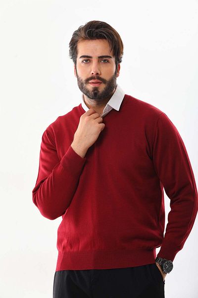 Günay Men's V-Neck Wool Sweater 5000 Red