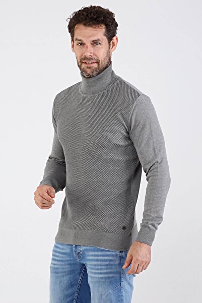 Çizgi Triko Men's Full Turtleneck Cotton Knitwear Sweater 4669e Gray