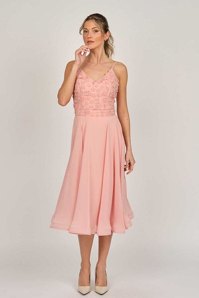 DORİDORCA Women's Midi Length Chiffon Evening Dress Powder