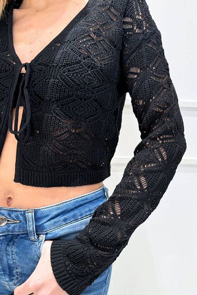 ONLY Women's Onldana V-Neck Hole Patterned Knitted Crop Cardigan15318445 Black