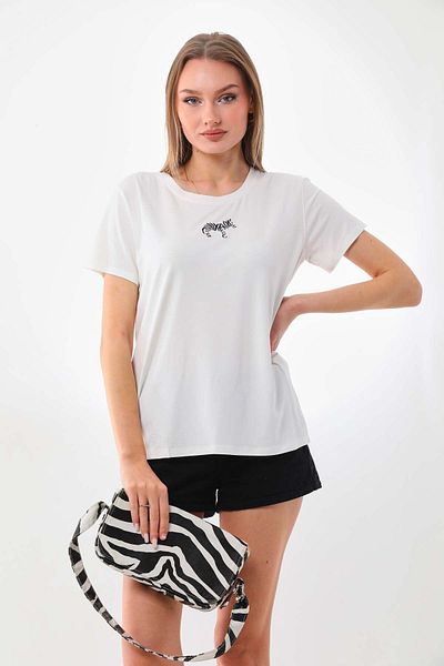 Sistas Women's Zebra Patterned Short Sleeve Blouse 23118 Ecru