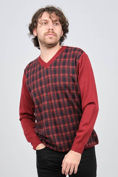 Desen Triko Pulover de lână cu model cu decolteu în V pentru bărbați 0245532 Roșu Claret