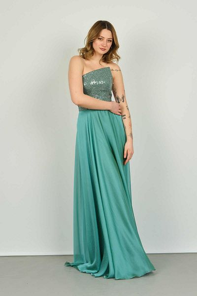 DORİDORCA Doridorca Women's Strapless Collar Top Sequin Bottom Satin Surface Chiffon Evening Dress 5091 Mint