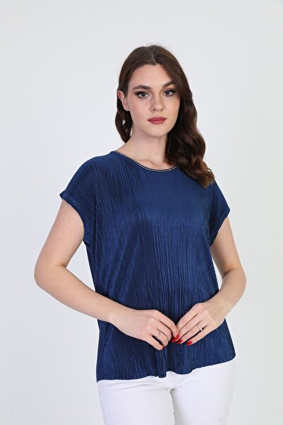 ELLA CAMELIA Bluză de damă cu guler cu modele de piatră 19e070 bleumarin