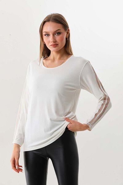 Sistas Women's Sleeves Mesh Crew Neck Long Sleeve Blouse 20162 Ecru