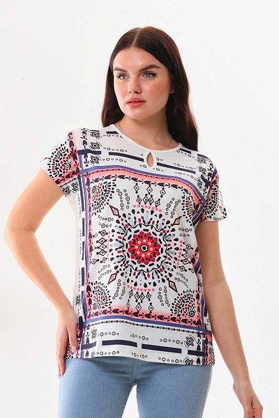 Sistas Women's Patterned Window Detailed Short Sleeve Blouse 23145 Ecru