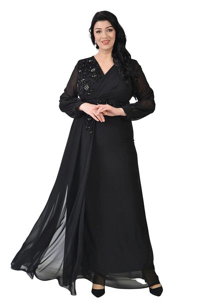 LİLAS XXL Lilas XXL Women's Plus Size Long Chiffon Evening Dress 9571 Black