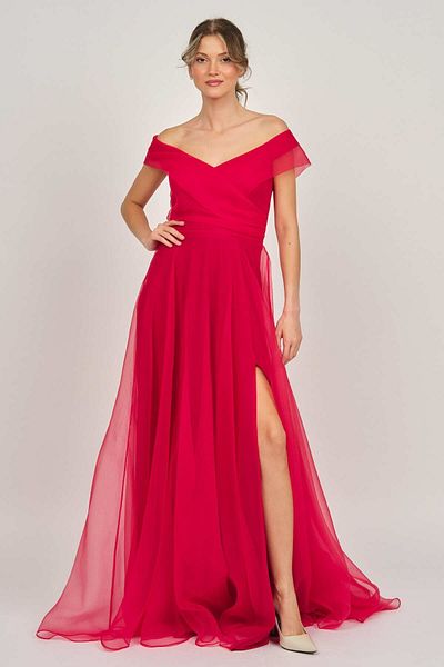 ŞEREF VURAL Women's Deep Slit Long Evening Dress 5437888 Red