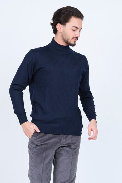 Woolen World Мъжки вълнен пуловер с десен и половин яка, плетен 5596983, тъмносин