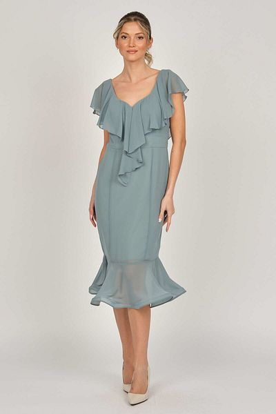DORİDORCA Women's Flounce Midi Length Evening Dress 5921174 Lemon Mold