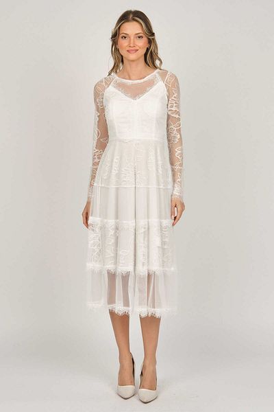 Dans Women's Long Sleeve Tulle Evening Dress 5271146 Ecru